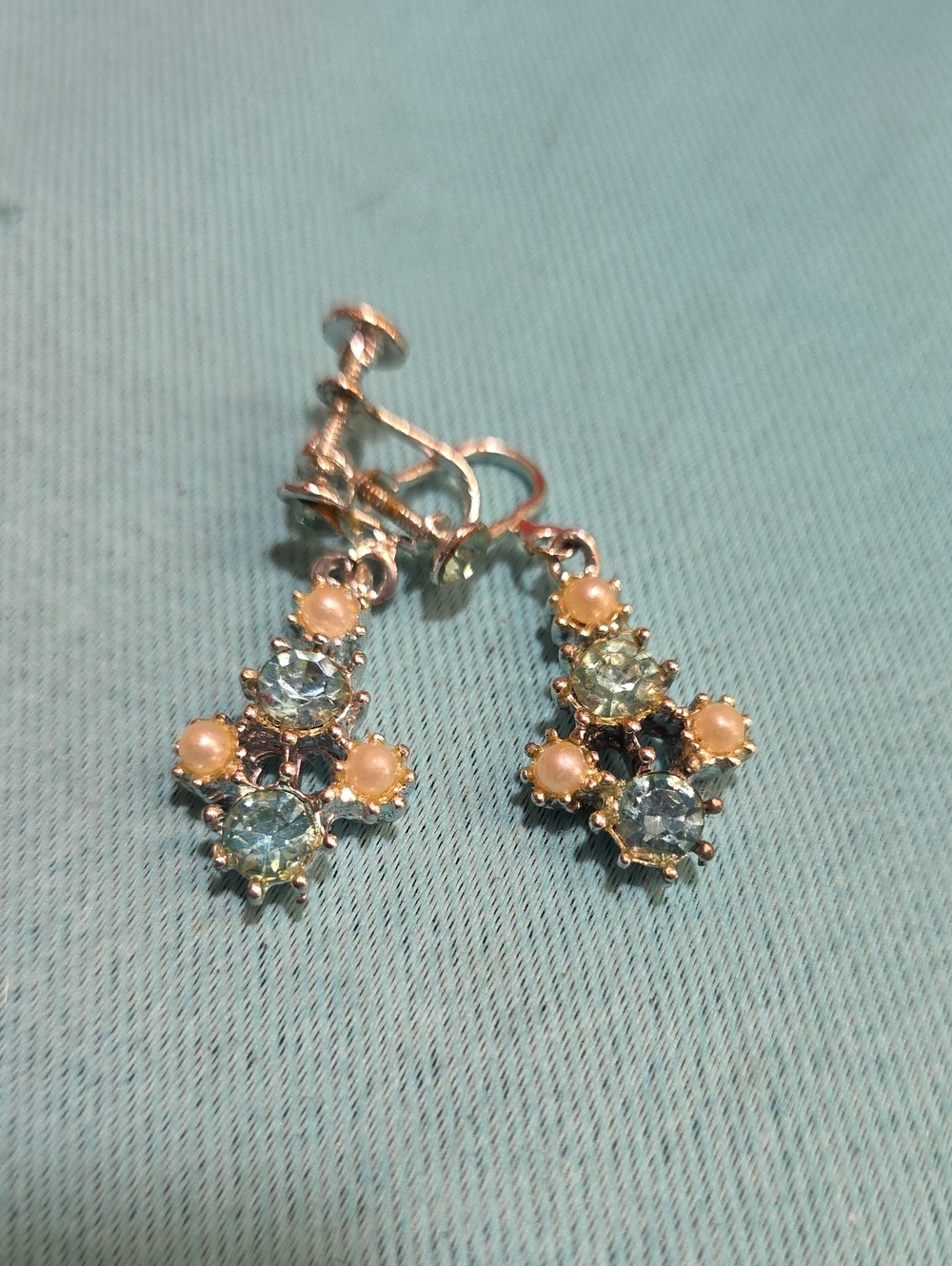 Blue and Pearl Drop Screw Back Earrings